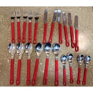 Vintage Red Handle Stainless Steel Flatware Lot – 21 Pieces Mid Century